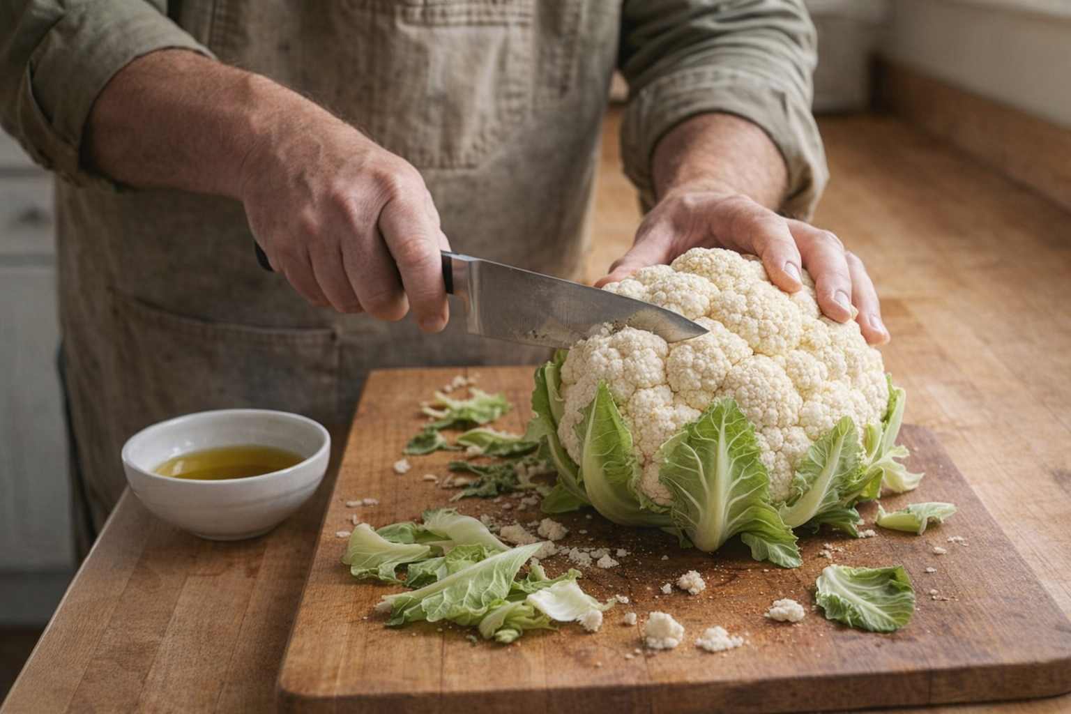 A chef's hands are shown trimming the outer leaves from a fresh, white cauliflower head on a wooden cutting board. A chef's knife and a bowl of olive oil are visible in the background. Natural light illuminates the scene.